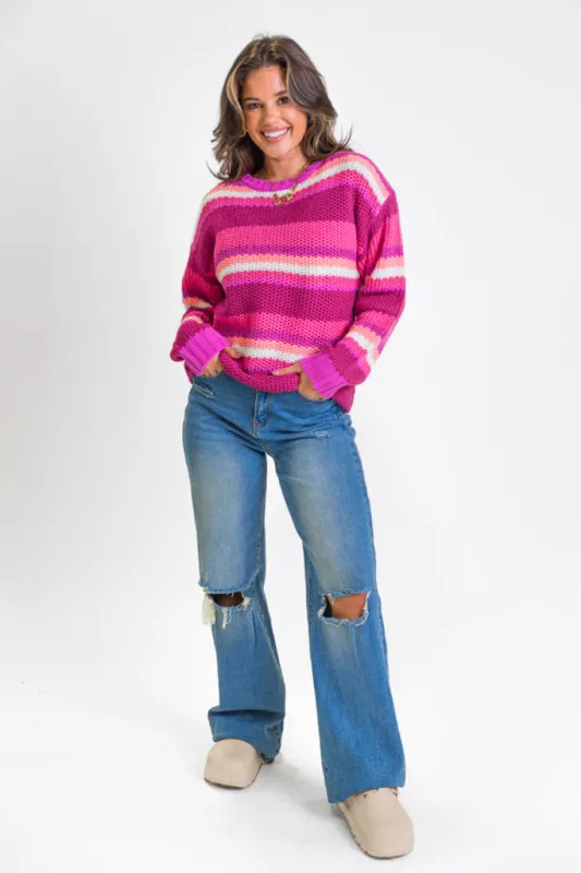 All the Good Magenta Striped Crew Neck Sweater FINAL SALE sold by Pink Lily