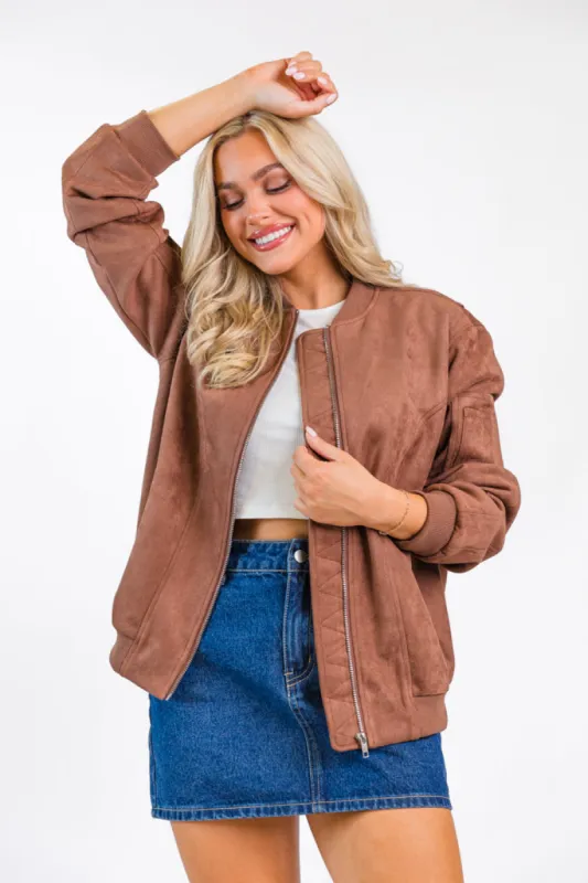 Believe In Me Brown Oversized Suede Bomber Jacket FINAL SALE sold by Pink Lily