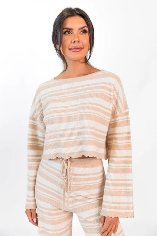 Take You There Taupe Striped Lettuce Hem Crop Top FINAL SALE sold by Pink Lily
