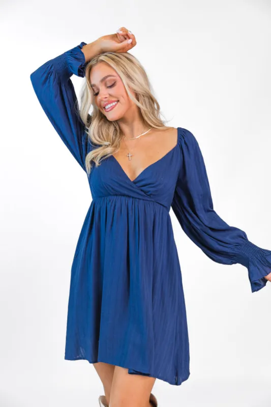 Just You Wait Navy Surplice Neckline Mini Dress FINAL SALE sold by Pink Lily