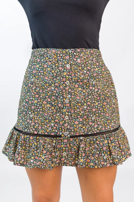 What's The Tea Black Button Front Floral Mini Skort FINAL SALE sold by Pink Lily
