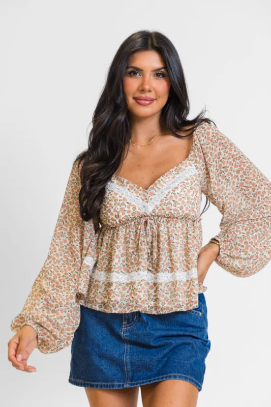 In My Dreams Ivory and Brown Lace Trim Floral Blouse FINAL SALE sold by Pink Lily