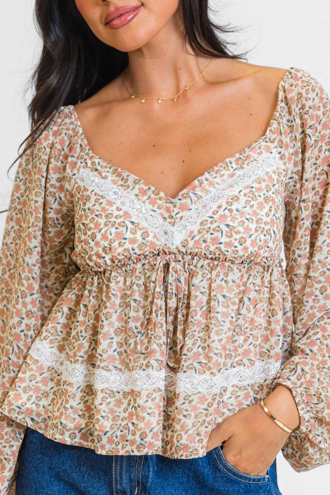 In My Dreams Ivory and Brown Lace Trim Floral Blouse FINAL SALE sold by Pink Lily product image thumbnail 3