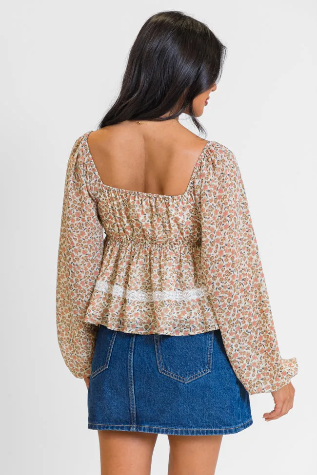 In My Dreams Ivory and Brown Lace Trim Floral Blouse FINAL SALE sold by Pink Lily product image thumbnail 5