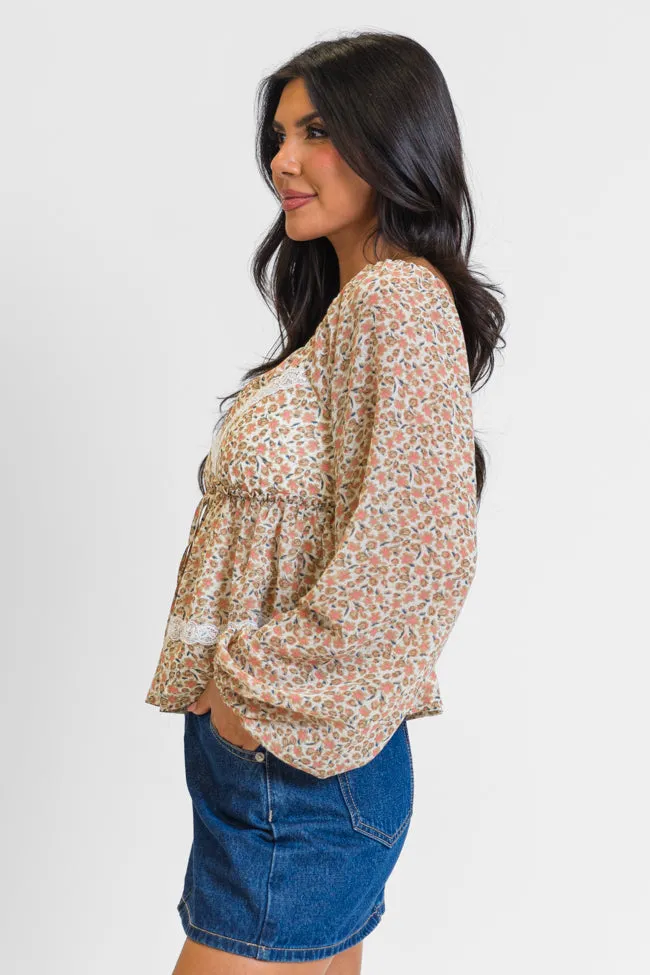 In My Dreams Ivory and Brown Lace Trim Floral Blouse FINAL SALE sold by Pink Lily product image thumbnail 4