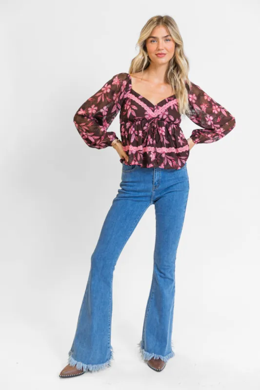 In My Dreams Brown and Pink Lace Trim Floral Blouse FINAL SALE sold by Pink Lily