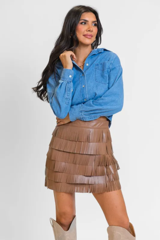 Follow Your Arrow Brown Faux Leather Fringe Skirt FINAL SALE sold by Pink Lily
