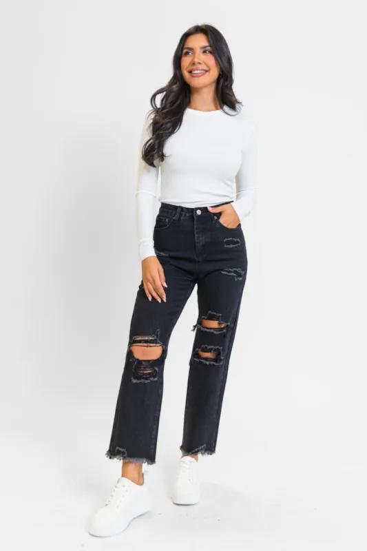 Megan Black Wash Distressed Straight Leg Mom Jeans FINAL SALE sold by Pink Lily