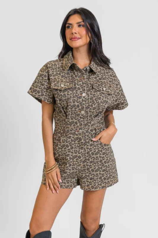 Wild As You Leopard Button Up Short Sleeve Romper SALE sold by Pink Lily