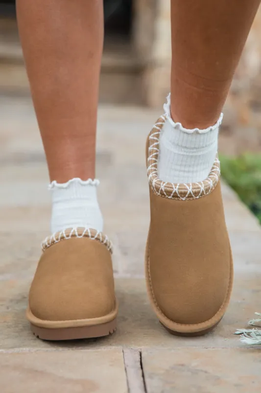 Sydney Chestnut Short Slip-On Bootie sold by Pink Lily