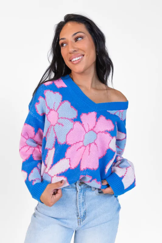 Lively Love Blue Multi V-Neck Floral Print Sweater FINAL SALE sold by Pink Lily