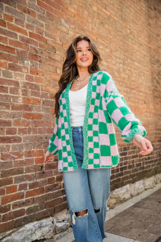 Atta Girl Pink and Green Checkered Cardigan sold by Pink Lily