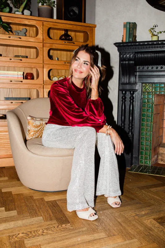 Queen of Quoin Silver Sequin Flare Pants Amber Massey X Pink Lily sold by Pink Lily