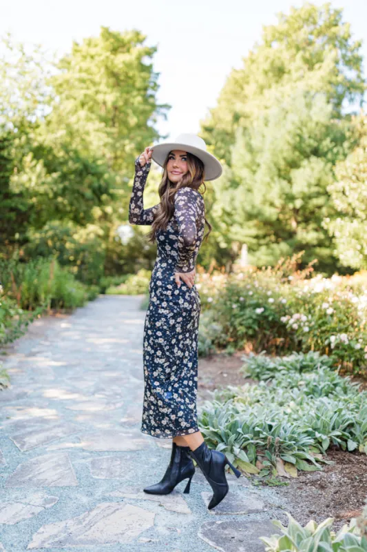 Gardens of Gibraltar Black Floral Mock Neck Midi Dress Amber Massey X Pink Lily sold by Pink Lily