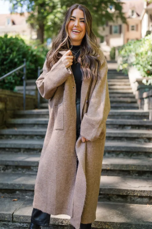Greta Tan Sweater Coat Amber Massey X Pink Lily sold by Pink Lily