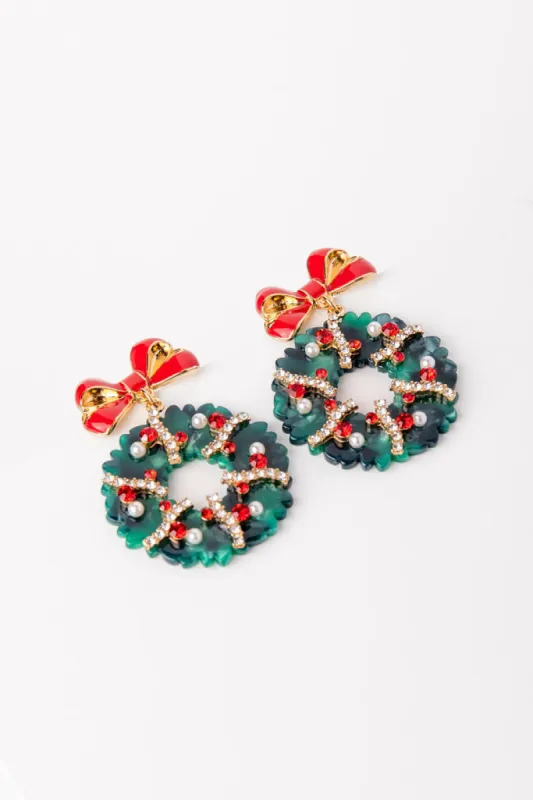Resin And Rhinestone Christmas Wreath Earrings made by Pink Lily