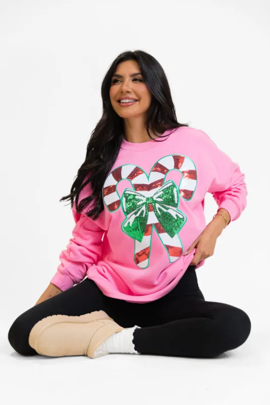 Candy Cane Sequins Patch Pink Oversized Graphic Sweatshirt FINAL SALE sold by Pink Lily
