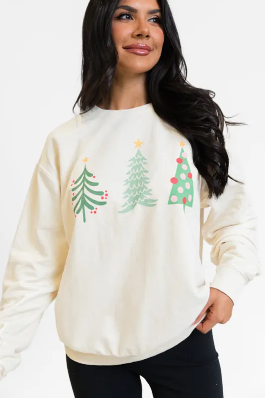 Christmas Trees Cream Oversized Graphic Sweatshirt DOORBUSTER sold by Pink Lily