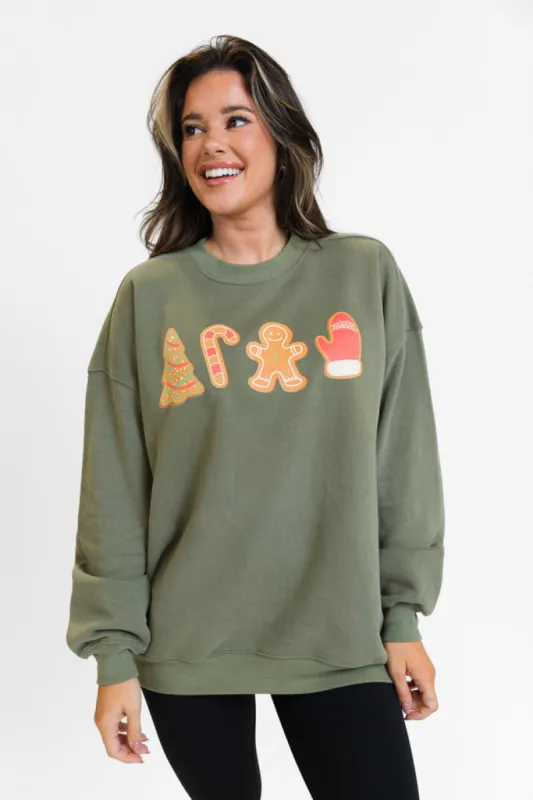 Christmas Cookie Icons Olive Oversized Graphic Sweatshirt sold by Pink Lily