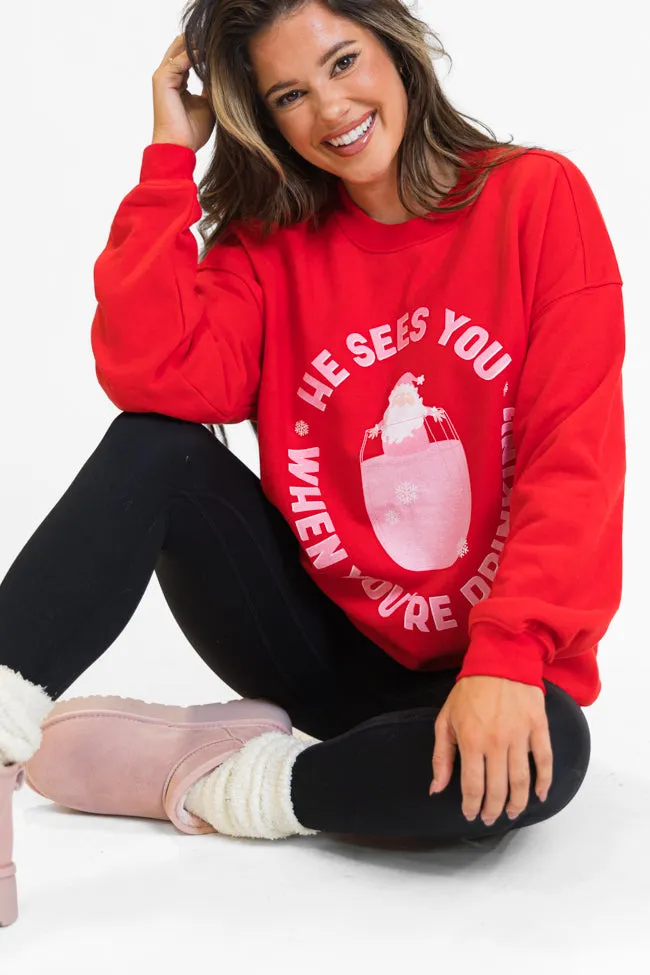 He Sees You When You're Drinking Red Graphic Sweatshirt sold by Pink Lily product image thumbnail 4