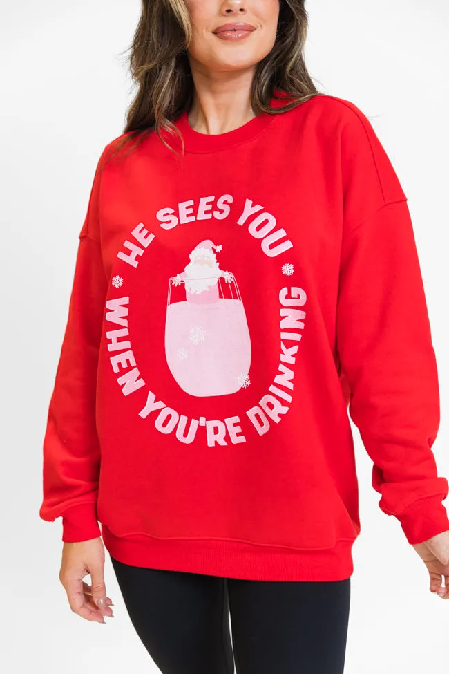 He Sees You When You're Drinking Red Graphic Sweatshirt sold by Pink Lily product image thumbnail 3