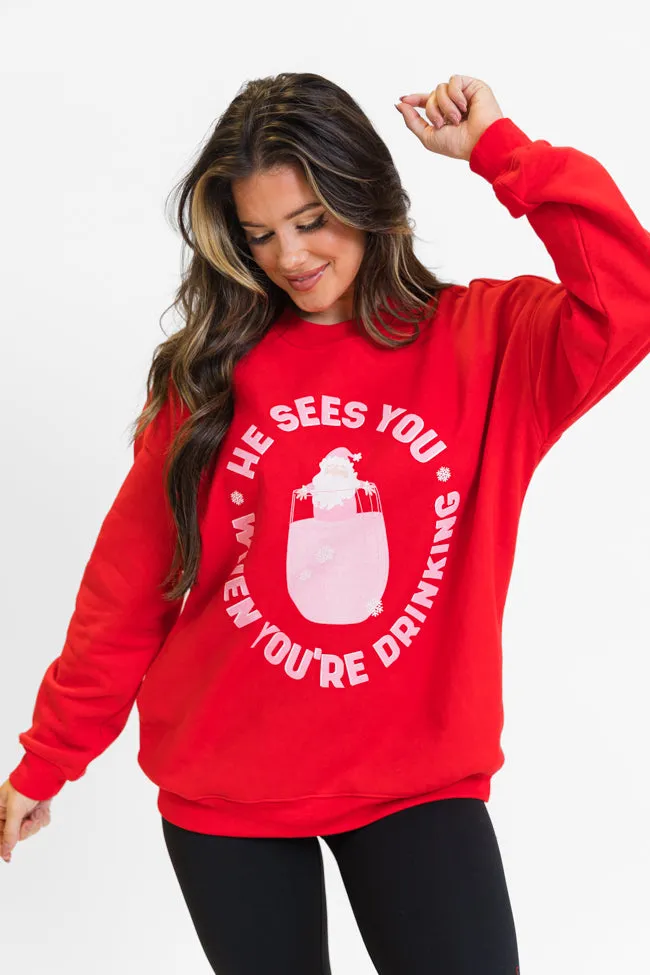He Sees You When You're Drinking Red Graphic Sweatshirt sold by Pink Lily product image thumbnail 2