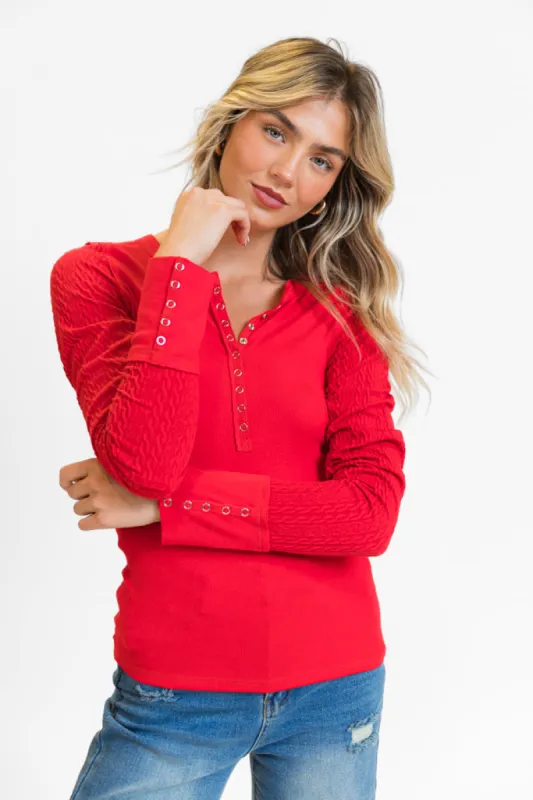 All The Better Red Cable Knit Sleeve Knit Henley Top FINAL SALE sold by Pink Lily