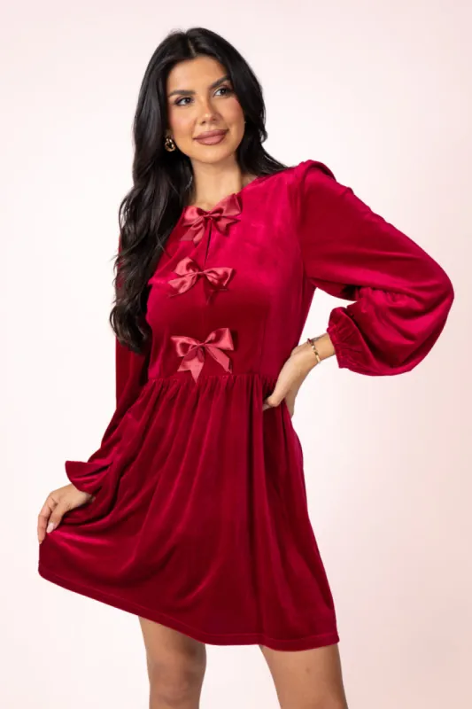 It's The Little Things Red Bow Detail Velvet Dress sold by Pink Lily
