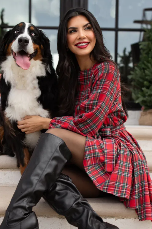 Snowball Effect Red Plaid Tie Belt Mini Dress FINAL SALE sold by Pink Lily