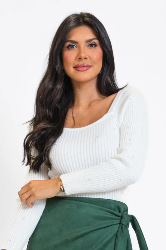 Snowed In Ivory Pearl Embellished Square Neck Sweater FINAL SALE sold by Pink Lily