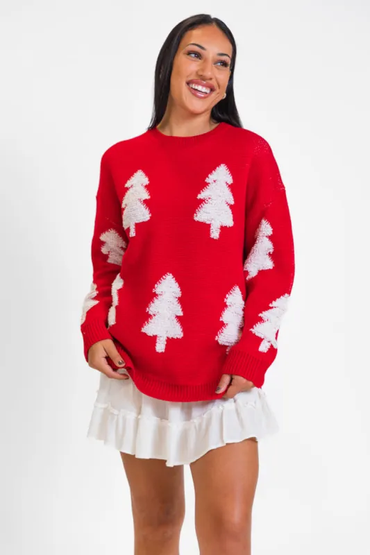 Under The Mistletoe Red Christmas Tree Sweater FINAL SALE sold by Pink Lily