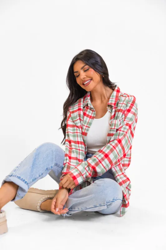 Made Me Realize Ivory, Red, and Green Plaid Oversized Button Front Shirt FINAL SALE sold by Pink Lily