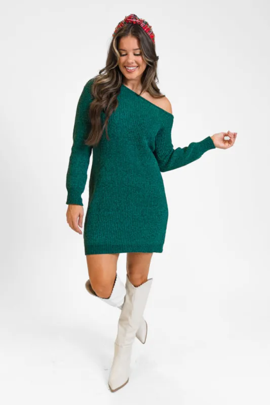 Holiday Spirit Green Chenille Off The Shoulder Sweater Dress  FINAL SALE sold by Pink Lily