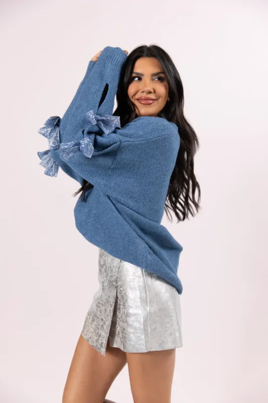 Glad tidings Blue Shimmer Bow Sleeve V-neck Sweater FINAL SALE sold by Pink Lily