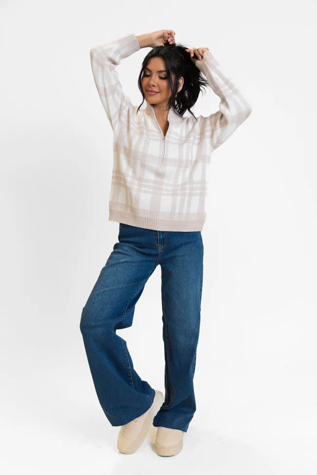 Make It Count Beige Plaid Printed Quarter Zip Pullover FINAL SALE sold by Pink Lily