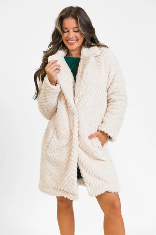 Meet Me At The Plaza Beige Herringbone Fur Coat FINAL SALE sold by Pink Lily