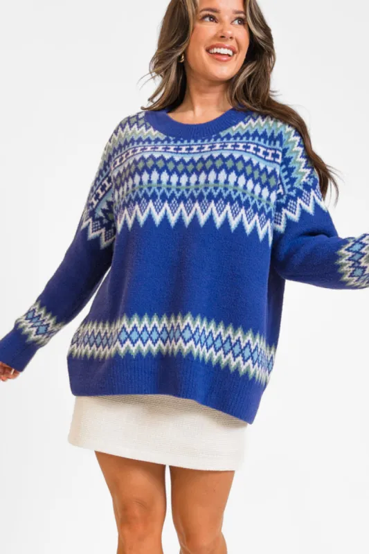 Bundled Up Navy Oversized Fuzzy Fair Isle Sweater FINAL SALE sold by Pink Lily
