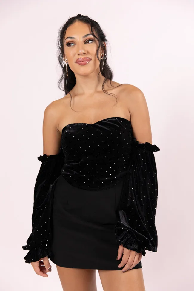 Brightest Star Black Off The Shoulder Rhinestone Studded Velvet Top FINAL SALE sold by Pink Lily