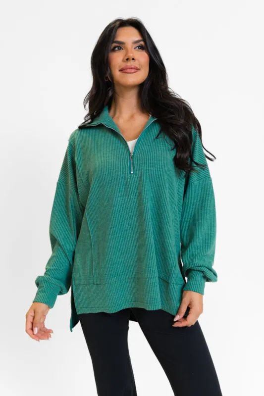 Fireside Festivities Green Ribbed Quarter Zip Pullover FINAL SALE sold by Pink Lily