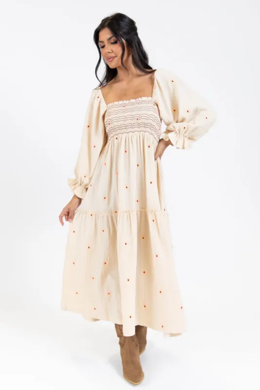 Dress To Impress Beige Floral Stitched Smocked Top Dress SALE sold by Pink Lily