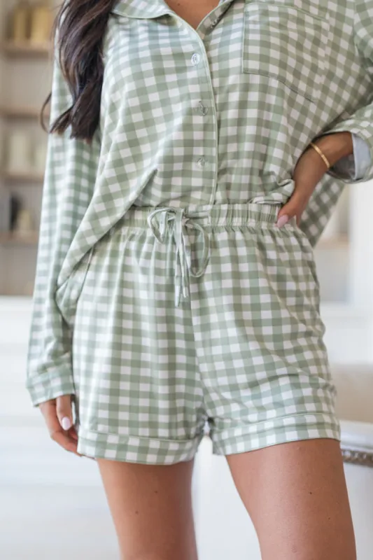 Under The Stars In Olive Grateful Gingham Bamboo Pajama Shorts sold by Pink Lily