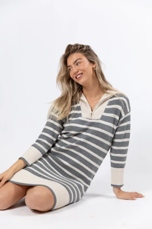 Between You and Me Grey Striped Quarter Zip Sweater Dress FINAL SALE sold by Pink Lily