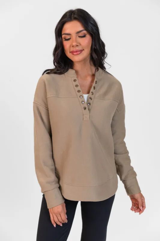 No Competition Taupe Gromet Detail Sweatshirt FINAL SALE sold by Pink Lily