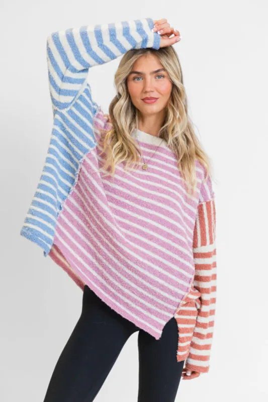 Kind Hearts Dusty Pink Multi Color Block Stripe Sweater sold by Pink Lily