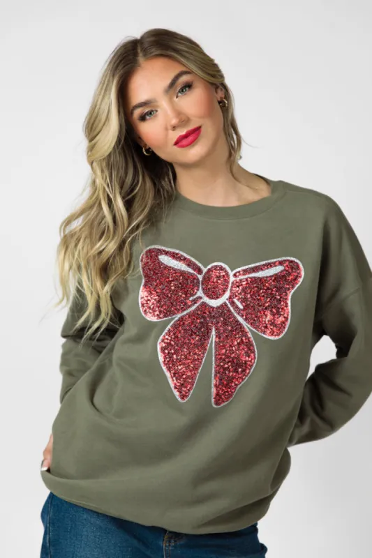 Bow Sequins Patch Olive Graphic Sweatshirt FINAL SALE sold by Pink Lily