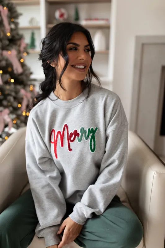 Merry Ombre Chenille Patch Light Grey Graphic Sweatshirt FINAL SALE sold by Pink Lily