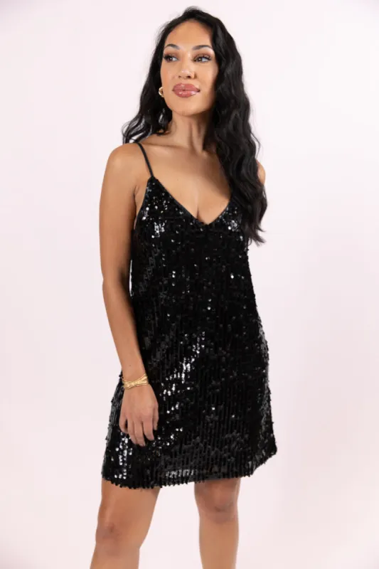 Merry Mood Black Sequin Mini Dress FINAL SALE sold by Pink Lily