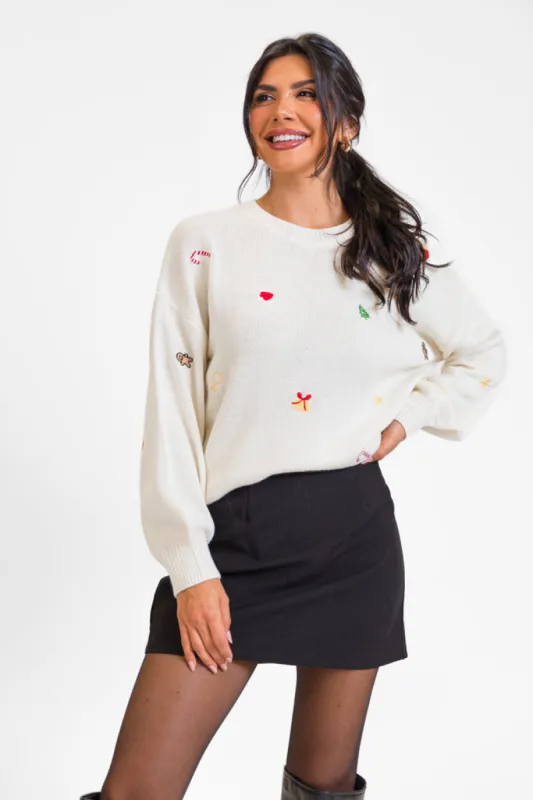 Magic Of The Holidays Cream Embroidered Sweater FINAL SALE sold by Pink Lily
