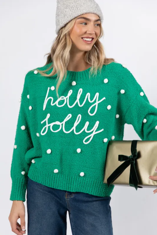 Holly Jolly Green Fuzzy Pom Sweater FINAL SALE made by Pink Lily