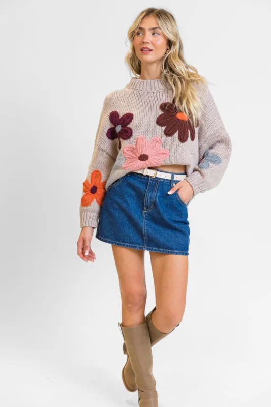 Flora Fantasy Natural Chunky Floral Mock Neck Sweater sold by Pink Lily